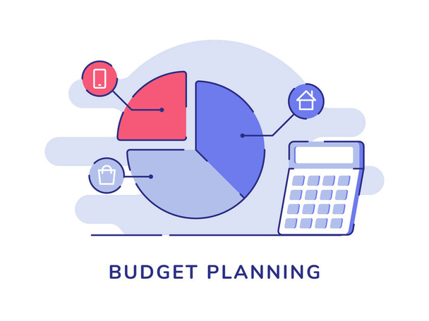 Presupuesto planeo gráfico circular compras smartphone calculadora de hipotecas blanco aislado fondo con el estilo de contorno plano - Vector, imagen