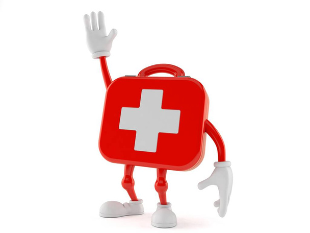 First aid kit character with hand up isolated on white background. 3d illustration - Photo, Image