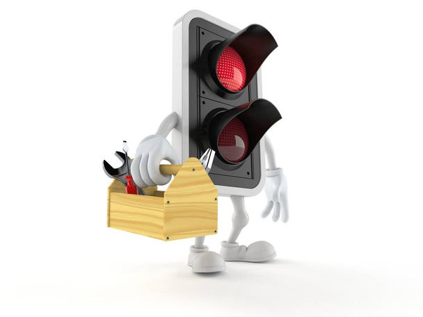 Carácter rojo del semáforo que sostiene la caja de herramientas aislada sobre fondo blanco. ilustración 3d - Foto, Imagen