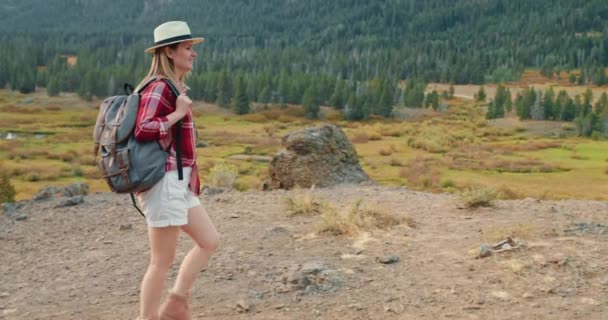 女性は背景に緑の松の木、 4Kで秋の自然をハイキングしています - 映像、動画