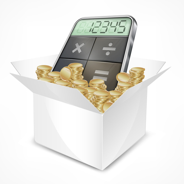 Pocket calculator in box with coins - Vector, Image