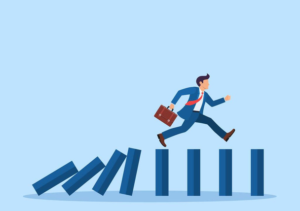 businessman running on top of domino effect - Vector, Image