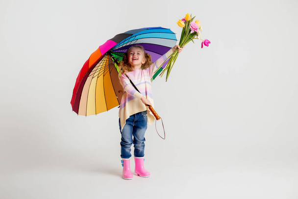 cute little girl with colorful umbrella  - 写真・画像