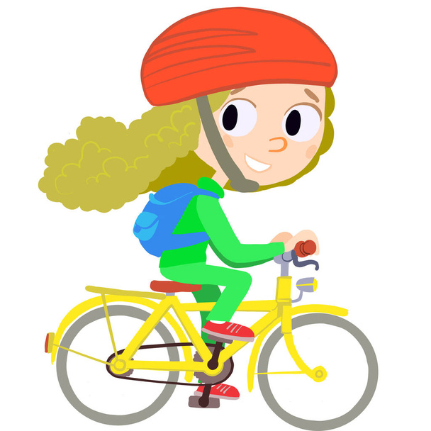 girl on a yellow bicycle with a backpack on her back - Vector, Image