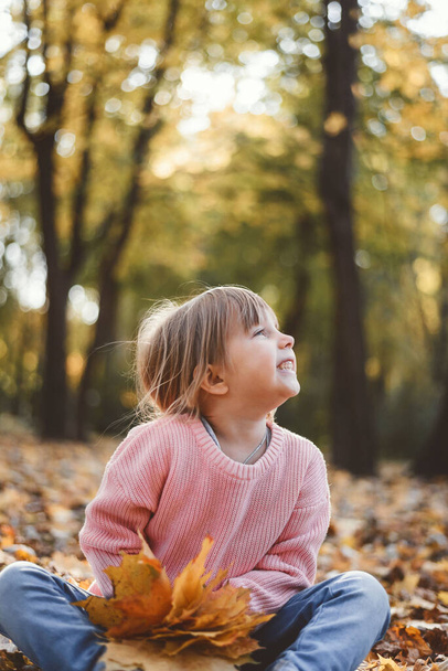 A child plays with leaves in autumn - Photo, Image