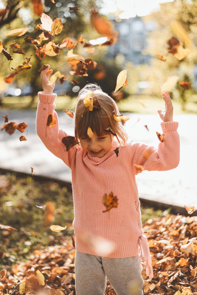 A child plays with leaves in autumn - Photo, Image