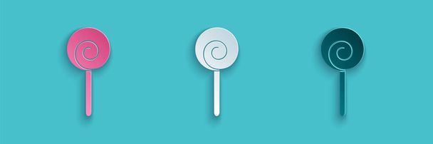 Papiergeschnittenes Lollipop-Symbol isoliert auf blauem Hintergrund. Essen, köstliches Symbol. Papierkunst. Vektorillustration. - Vektor, Bild