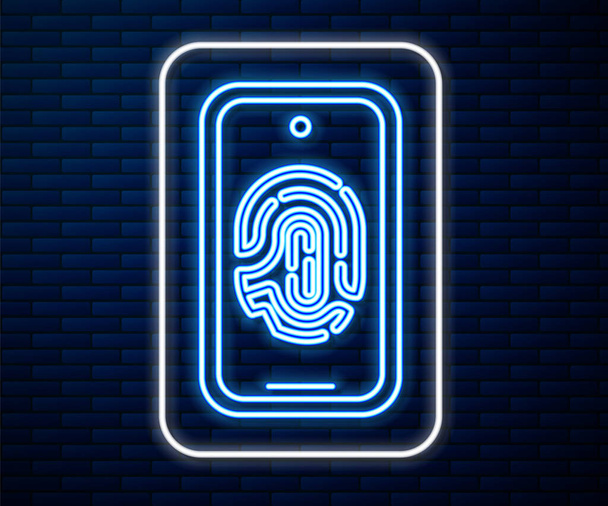 Ragyogó neon vonal Okostelefon ujjlenyomat szkenner ikon elszigetelt téglafal háttér. A biztonság fogalma, személyes hozzáférés ujjal a mobilon. Vektor. - Vektor, kép