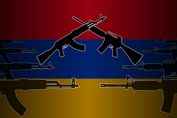 Ilustración de conflicto armado, militar y confrontación en Armenia. Siluetas de rifles de asalto cruzados, símbolo de hostilidad en el fondo de la bandera Armenia. Para noticias, artículo, blog - Vector, imagen