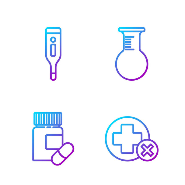 Set line Cross hospital medical, Medicine bottle and pills, Medical digital thermometer and Test tube and flask. Gradient color icons. Vector. - Vector, Image