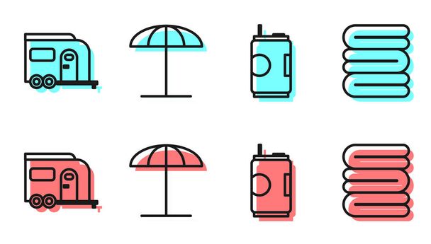 Set line Soda plechovka, Rv Camping trailer, Sluneční ochranný deštník pro pláž a ručník stack ikonu. Vektor. - Vektor, obrázek