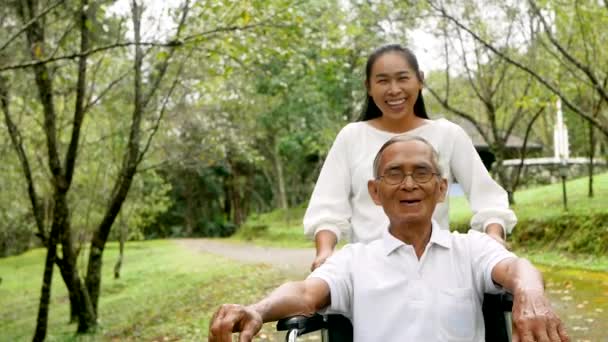 Feliz avô sorridente em cadeira de rodas relaxante e andando com neta ao ar livre no parque. Família estilo de vida feliz. - Filmagem, Vídeo