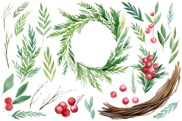 孤立した白い背景、枝、葉の花輪、赤い果実、ホリー上の水彩画のパターンのクリスマスセット - 写真・画像