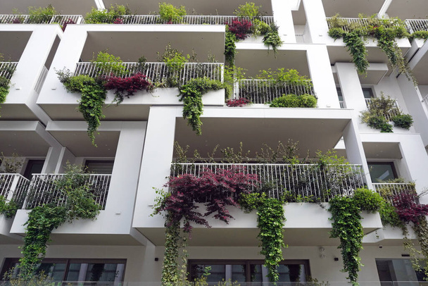 widok na fasadę budynku w stylu włoskim z balkonami i kwiatami  - Zdjęcie, obraz