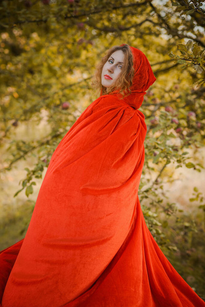 Woman in green velvet romantic dress and red hood, Halloween style for girls, autumn nature at background - Foto, imagen