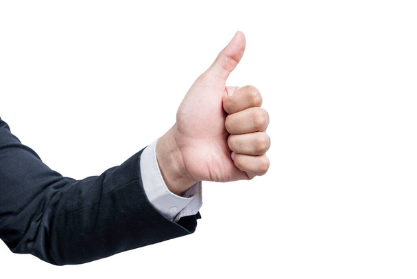 Businessman hands showing thumbs up gesture isolated over white background - Фото, зображення