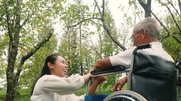 Mutlu gülümseyen torun büyükbabasına bakıyor. Parkta seyahat ederken tekerlekli sandalyede oturuyor.. - Video, Çekim