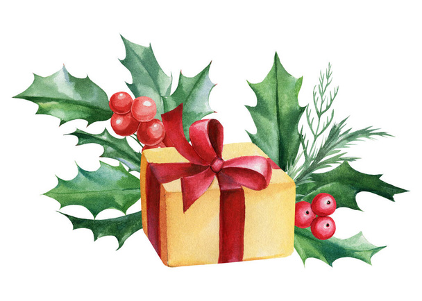 Christmas composition of gift, red berries, holly on an isolated white background, watercolor drawing - Photo, Image