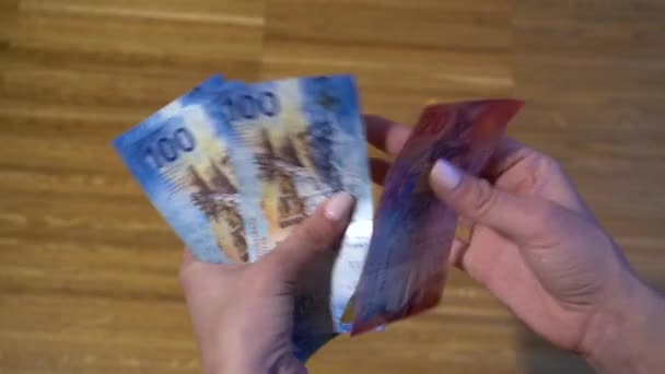 Inzameling van de nieuwe Zwitserse bankbiljetten, geld- en bankbiljettengeldachtergrond - Video