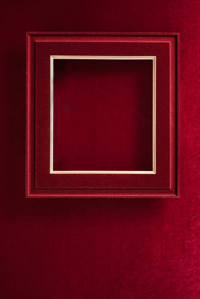 Blank Red Christmas felt photo frame on velvet red felt fabric  top view winter holiday background - Photo, Image