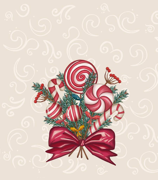 Lollipops, caramelos y dulces de fondo. ilustración. Ramo navideño de ramas de pino, decoraciones navideñas y dulces. ilustración de alta calidad - Foto, imagen
