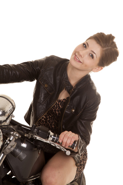 woman leopard dress motorcycle sit lean - Φωτογραφία, εικόνα