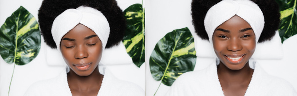 Collage of african american woman in white headband and bathrobe lying near green leaves in spa salon, banner - Photo, Image