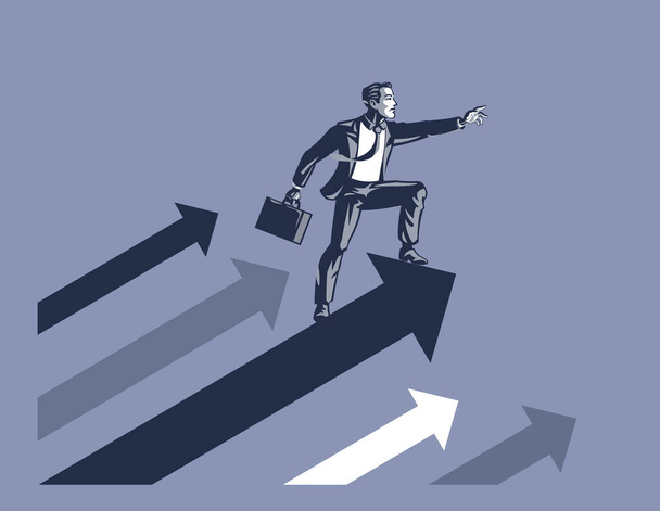  Illustration eines Geschäftsmannes, der auf einem steilen Pfeil steht und selbstbewusst nach vorne zeigt, als Symbol für geschäftlichen Fortschritt und Entwicklungskonzept - Foto, Bild