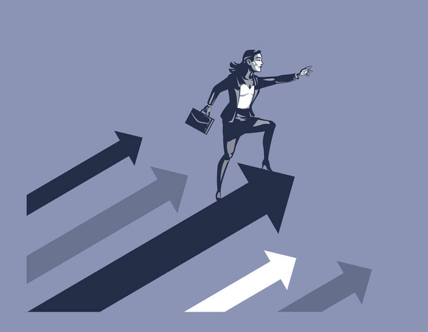 Εικονογράφηση της Επιχειρηματίας στέκεται στο Steeping Arrow δείχνοντας με εμπιστοσύνη στο μέτωπο ως σύμβολο της επιχειρηματικής προόδου και της έννοιας της ανάπτυξης - Φωτογραφία, εικόνα