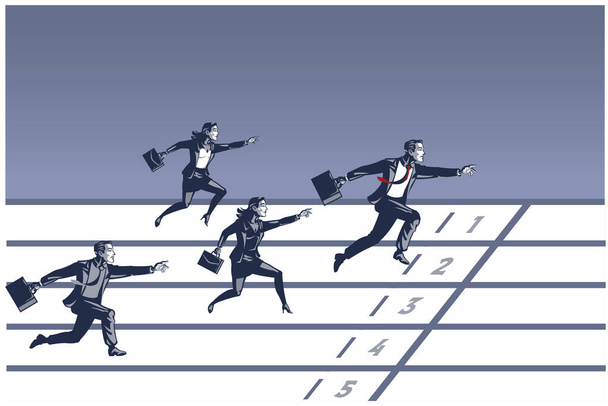 Gli uomini d'affari si uniscono alla competizione di corsa con il massimo sforzo in un concetto di illustrazione aziendale di pista atletica - Foto, immagini