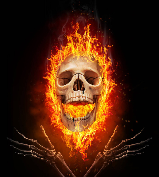 Skull burned in fire. Concept of Halloween  - Photo, Image