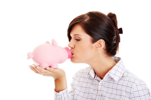 Woman Holding Piggy Bank  - Foto, Imagen
