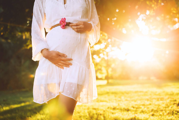 Prachtige foto van zwangere vrouw in witte jurk in het zonlicht van zonsondergang op natuurpark. Close-up van zwangere vrouw met handen op haar buik. Concept van zwangerschap, moederschap, verwachting voor de bevalling. - Foto, afbeelding