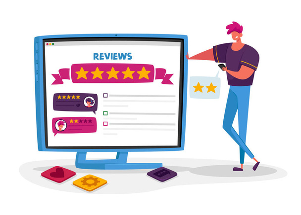 Männlicher Charakter Negative User Experience Online Review. Unzufriedene Kunden hinterlassen schlechtes Feedback für Internet Service Ranking - Vektor, Bild