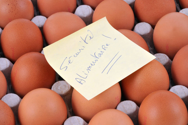 Безпека харчування, написана французькою на аркуші, спирається на яйця в коробці з великим планом. - Фото, зображення