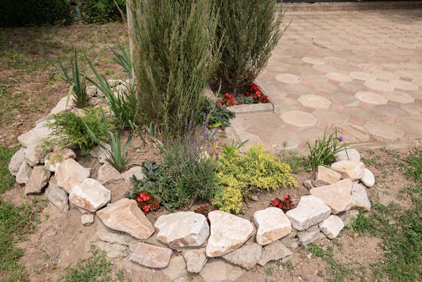 flowers and stones in the garden. palisade in the garden. - Photo, Image
