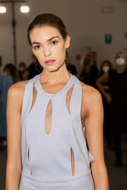 MILAN, ITALY - SEPTEMBER 25: Gorgeous model is seen in the backstage just before Budapest Select show during Milan Women's Fashion Week on SEPTEMBER 25,  2020 in Milan - 写真・画像