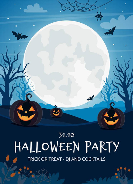 Halloween party flyer template with full moon and pumpkins - Vector, Imagen