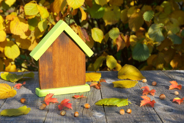 Model van houten huis op de achtergrond van de herfst. Herfstbegrip, vastgoed, bedrijfsleven, milieu.  - Foto, afbeelding