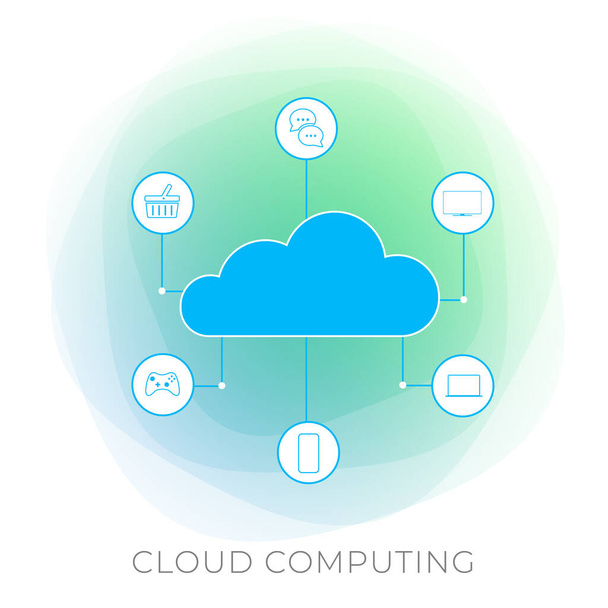 Cloud Computing teknologia liiketoiminnan vektori kuvake. Internetin verkkotallennuskonsepti. Verkkoon pääsy tarvittaessa muokattavissa oleviin tietotekniikkaresursseihin - pelaaminen, työskentely, katselu, puhuminen, shoppailu - Vektori, kuva