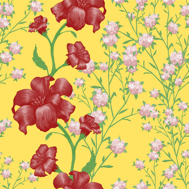 Floral Wallpaper with Big Flowers. Seamless Pattern with Fuchsia, Bluebell and May-lily for Curtains Shirt Textile. Retro Pattern. Colorful Rapport. Vector Seamless Flowers. - Vector, Imagen