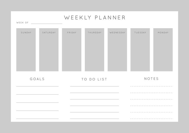 Vector monochrome minimalist abstract planner.Daily, weekly, monthly planner template.Blank printable horizontal notebook page with space for notes and goals.Business organizer.Paper sheet size A4. - Vector, Image