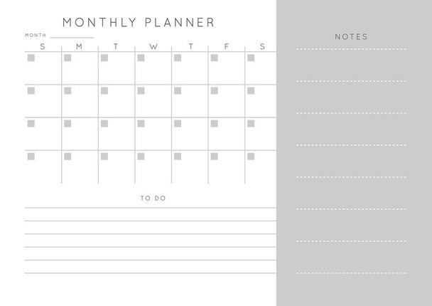 Διάνυσμα μονόχρωμη μινιμαλιστική αφηρημένη planner.Daily, εβδομαδιαία, μηνιαία πρότυπο planner.Blank εκτυπώσιμη οριζόντια σελίδα σημειωματάριο με χώρο για τις σημειώσεις και τους στόχους.. - Διάνυσμα, εικόνα