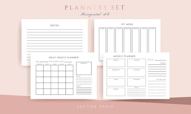 Een set minimalistische abstracte planners. Dagelijks, wekelijks, maandelijkse planner template. Blanco printbare horizontale notebookpagina met ruimte voor notities en doelen. - Vector, afbeelding