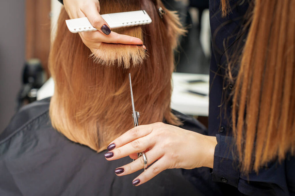 Парикмахер стрижет красные кончики волос, держа прядь рыжих волос между пальцами в салоне красоты. Избавление от секущихся концов - Фото, изображение