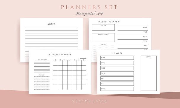 Een set minimalistische abstracte planners. Dagelijks, wekelijks, maandelijkse planner template. Blanco printbare horizontale notebookpagina met ruimte voor notities en doelen. - Vector, afbeelding