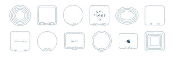 Rope knot border vector designs set. Isolated Marine frame in blue and white colors. Hand drawn ornaments in nautical style. Good for poster, t-shirt, card, - Vector, Image