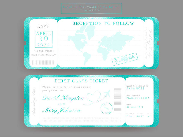 Destination Wedding Passport Turquoise Golden Foil Invitation Vector Set.Boarding Pass ticket template.Modern luxury design. - Vector, Image