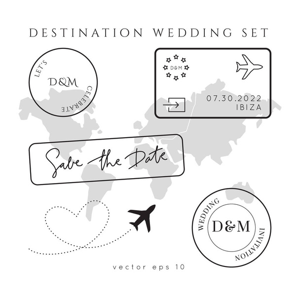 Destination Wedding Passport Pozvánka Vector Set.Visa známky projít šablonou.Mapa světa.Moderní luxusní design. - Vektor, obrázek