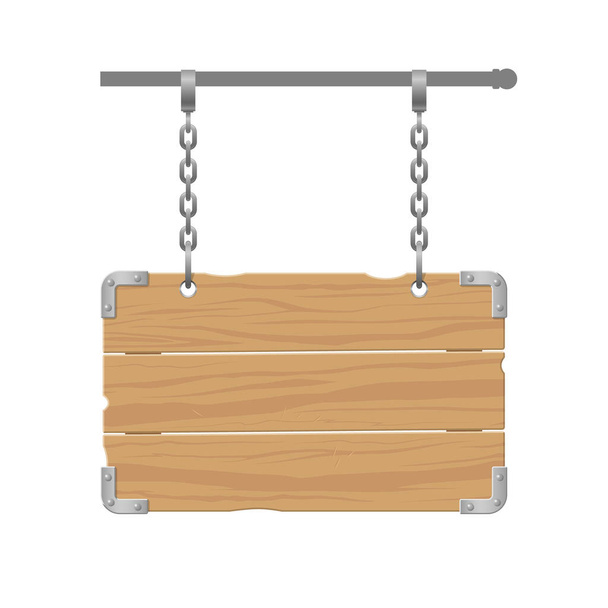 Le panneau en bois avec des coins en métal et rivets il est accroché sur les chaînes. Le panneau est isolé sur un fond blanc. - Vecteur, image